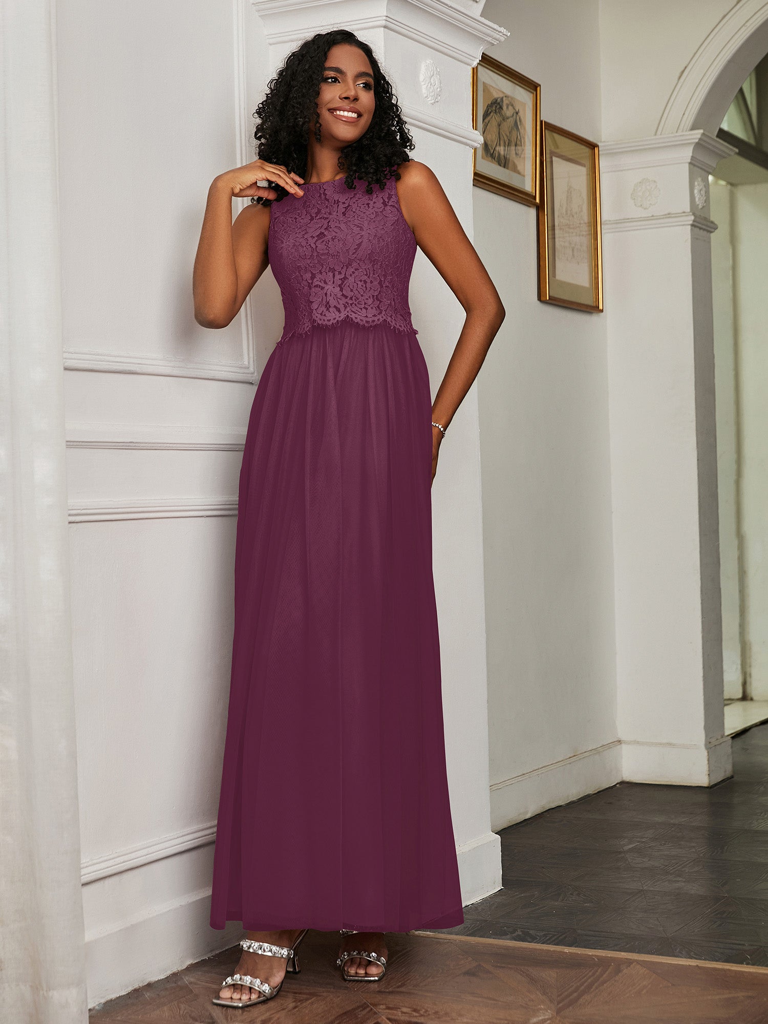 A-Line Jewel Neckline Tulle Dress Mulberry